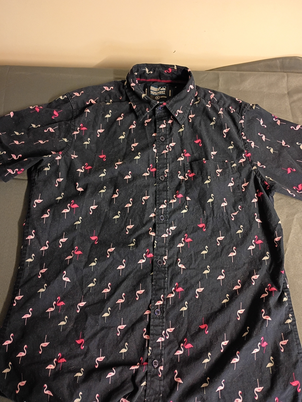 Slim Fit Navy Button-Up Shirt with Pink Flamingo Print